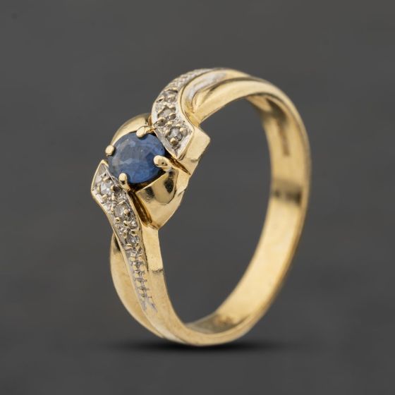 Second Hand 9ct Yellow Gold Sapphire & 0.04ct Diamond Crossover Shoulders Dress Ring 41384514