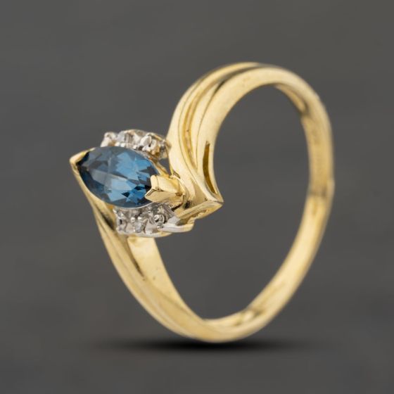 Second Hand 9ct Yellow Gold Blue Topaz & 0.02ct Diamond Marquise Shaped Dress Ring 41384522