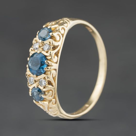 Second Hand 9ct Yellow Gold Blue Topaz & 0.08ct Diamond Seven Stone Ring 41384545