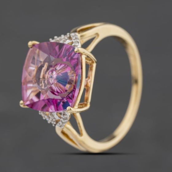 Second Hand 9ct Yellow Gold Pink Topaz & 0.05ct Diamond Cushion Dress Ring 41384581