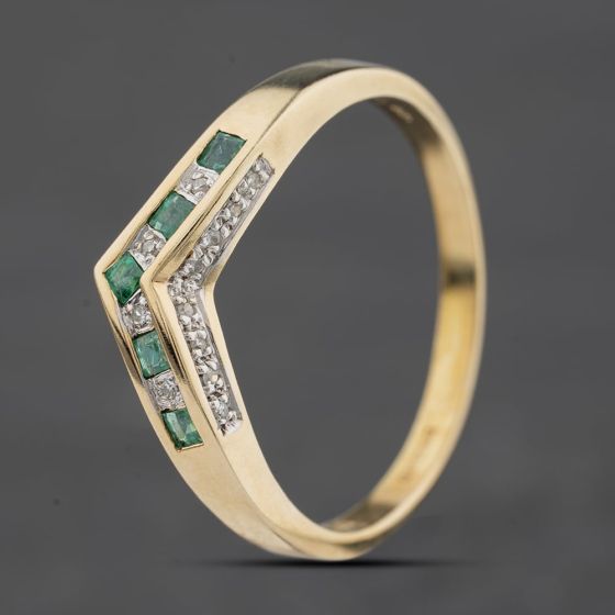 Second Hand 9ct Yellow Gold Emerald & 0.08ct Diamond Half Wishbone Ring 41384598