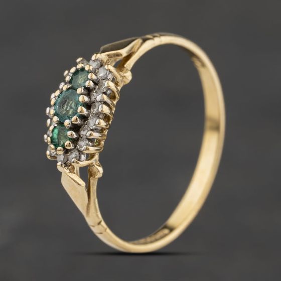 Second Hand 9ct Yellow Gold Emerald & 0.10ct Diamond Cluster Ring 41384685