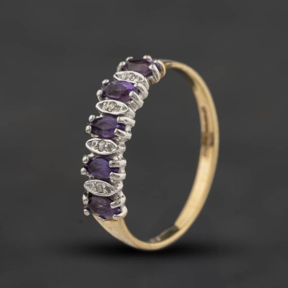Second Hand 9ct Yellow Gold Diamond & Amethyst Half Eternity Ring 41384759