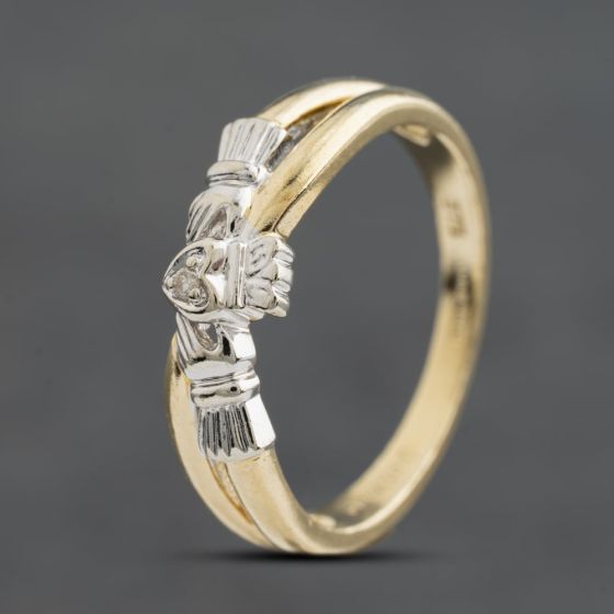 Second Hand 9ct Two Colour Gold 0.01ct Brilliant Cut Diamond Claddagh Ring 41385008