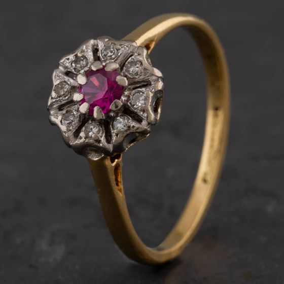 Second Hand Vintage Yellow Gold Diamond & Synthetic Ruby Cluster Ring 4138831