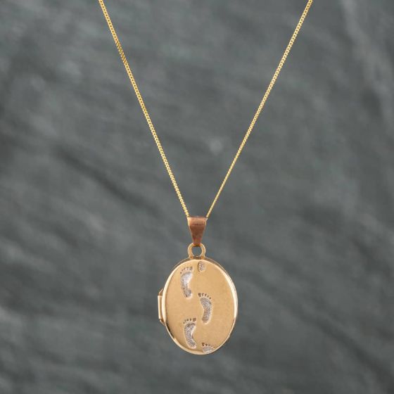 Second Hand 9ct Two Colour Gold Footprints Locket Pendant & 18 Inch Curb Chain 41391248