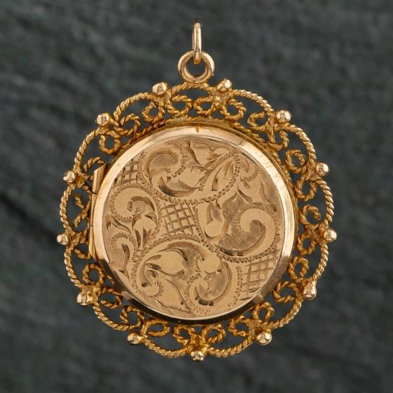 Second Hand Vintage 9ct Yellow Gold Engraved Round Locket Loose Pendant 4139628