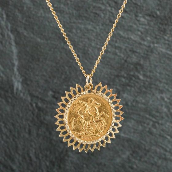 Second Hand 9ct Yellow Gold 1874 Victoria Full Sovereign Coin Keeper Pendant & 21 Inch Curb Chain 4139778