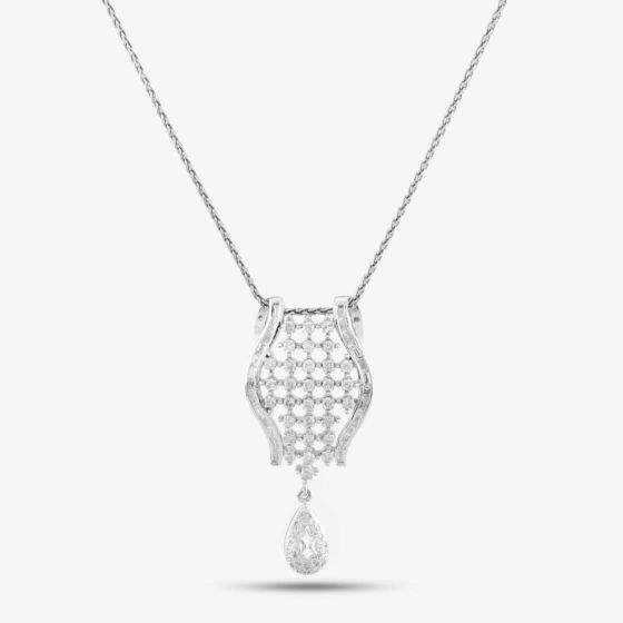 Second Hand 14ct White Gold 2.00ct Diamond Openwork Dropper Pendant & 18 Inch Spiga Chain 4139789