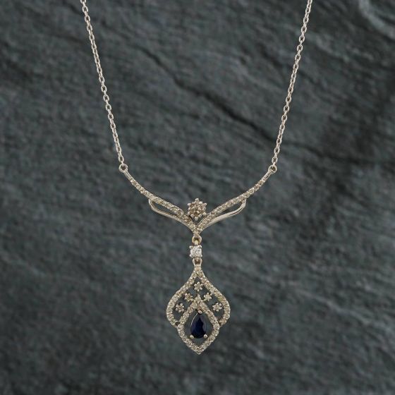 Second Hand 18ct White Gold Sapphire & Diamond Art Deco Pendant & 16 Inch Trace Chain 4139936