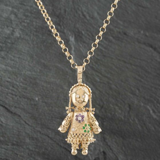 Second Hand 9ct Yellow Gold Multi Stone Large Ragdoll Gemstone Pendant & 26 Inch Belcher Chain 4139940