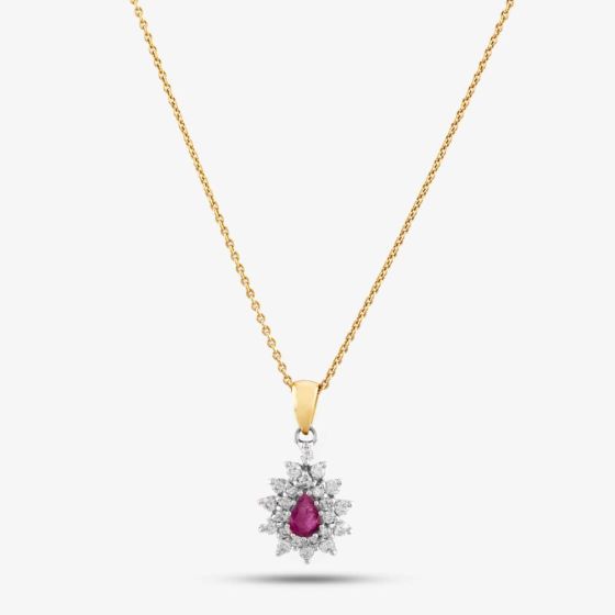 Second Hand 18ct Yellow Gold Ruby & Diamond Cluster Pendant & 18 Inch Trace Chain 4139945