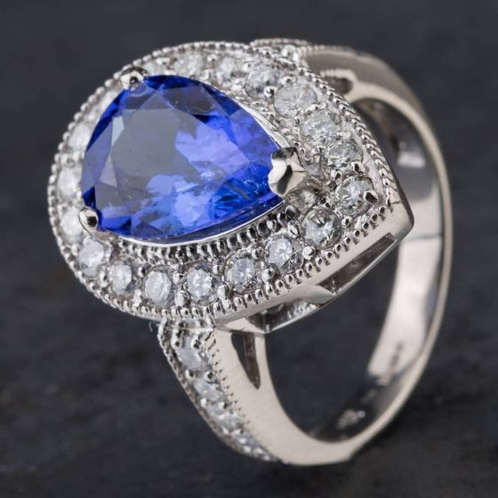 Second Hand 14ct White Gold 3.67ct Tanzanite & 1.22ct Brilliant Cut Diamond Pear Shape Cluster Ring 4148051