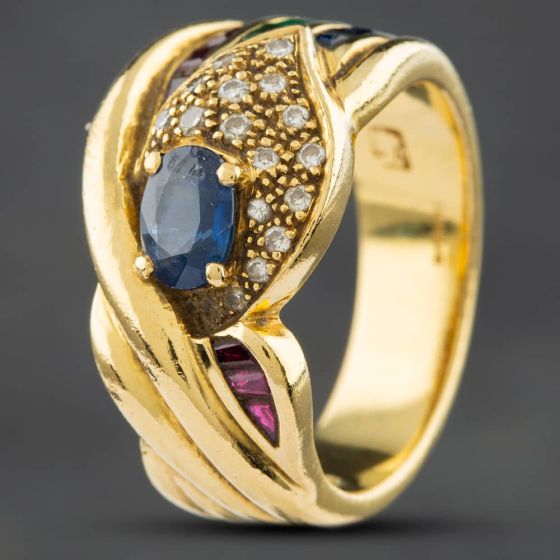 Second Hand 18ct Yellow Gold Diamond, Brilliant Cut Sapphire, Emerald & Ruby Dress Ring 41481051