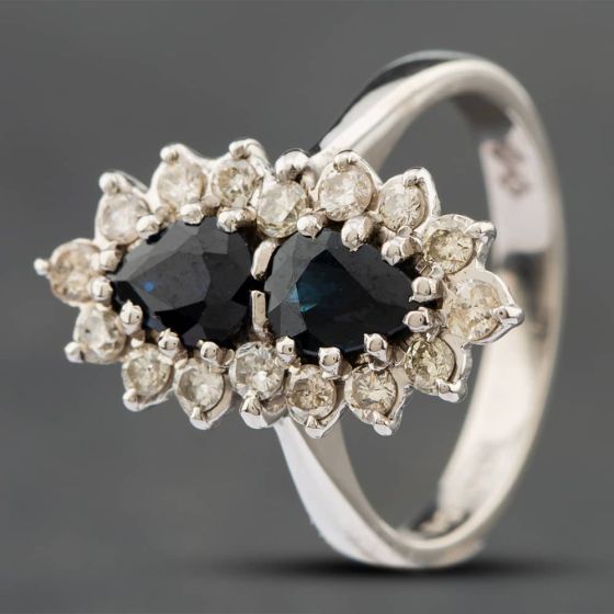 Second Hand Vintage 18ct White Gold Sapphire & Brilliant Cut Diamond Double Cluster Ring 41481074