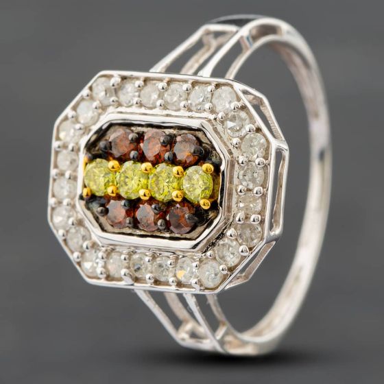 Second Hand 9ct White Gold 1.00ct Brilliant Cut Red, White & Yellow Diamond Octagonal Cluster Ring 41481140