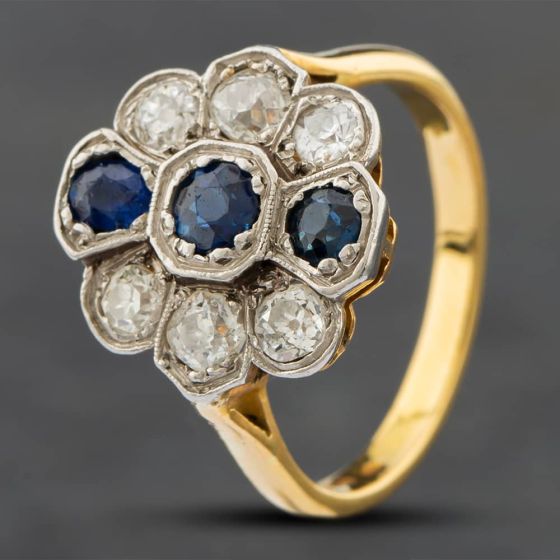 Second Hand Vintage 18ct Yellow Gold Sapphire & Diamond Three Row Cluster Ring 41481210