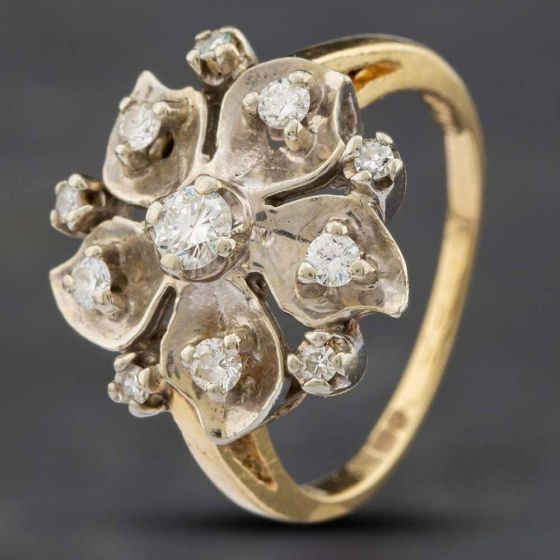 Second Hand 9ct Two Colour Gold Brilliant Cut Diamond Flower Cluster Ring 41481278