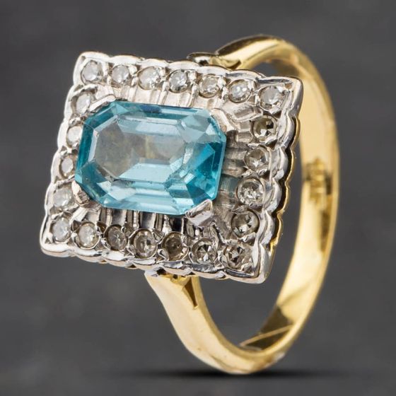 Second Hand Vintage Yellow Gold Blue Topaz & Single Cut Diamond Oblong Cluster Ring 41481441