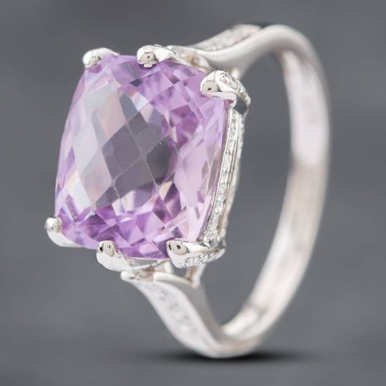 Second Hand 18ct White Gold 7.15cts Kunzite & 0.21ct Cushion Cut Diamond Chequerboard Faceted Dress Ring 41481509