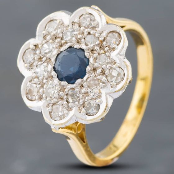 Second Hand 9ct Yellow Gold Sapphire & Diamond Pave Flower Cluster Ring 41481532