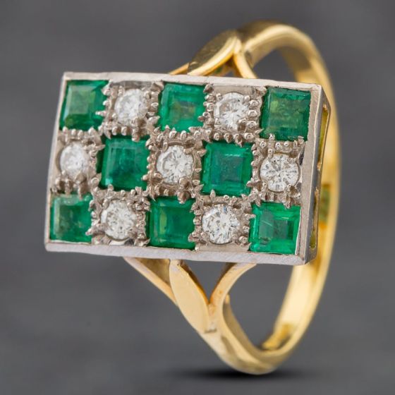 Second Hand 18ct Yellow Gold Emerald & Brilliant Cut Diamond Oblong Checkerboard Dress Ring 41481631