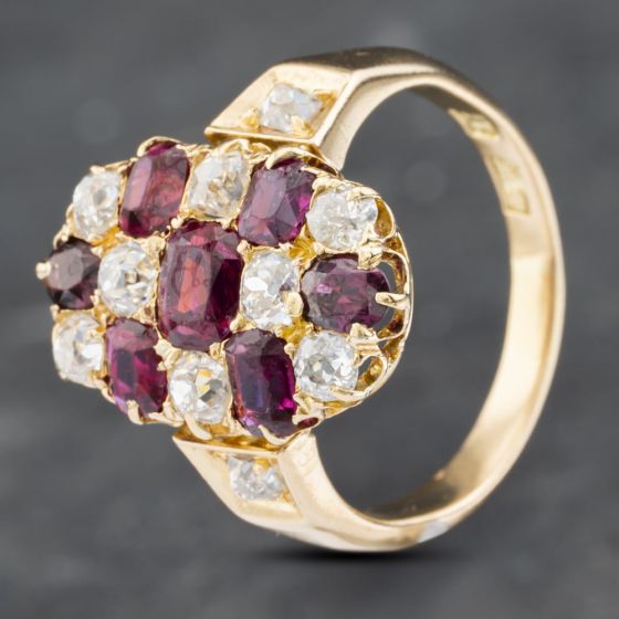 Second Hand Vintage 18ct Yellow Gold Ruby & Diamond Checkerboard Cluster Ring 41481753