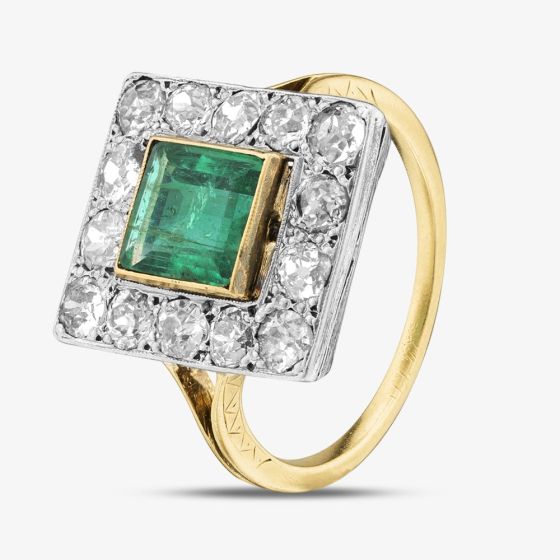 Second Hand Vintage 15ct Yellow Gold Emerald & Diamond Square Cluster Ring 41481760