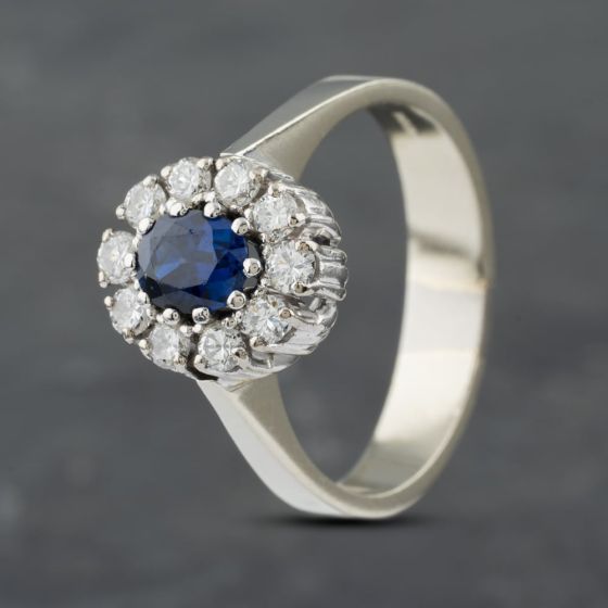 Second Hand 9ct White Gold Sapphire & 0.50ct Brilliant Cut Diamond Oval Cluster Ring 41481762