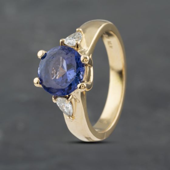 Second Hand 14ct Yellow Gold Tanzanite & 0.25ct Pear Cut Diamond Three Stone Ring 41481782