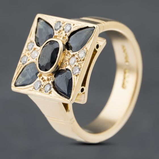 Second Hand 14ct Yellow Gold Sapphire & Brilliant Cut Diamond Square Set Cluster Ring 41481812