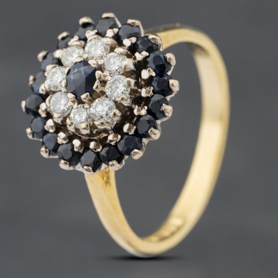 Second Hand Vintage 18ct Yellow Gold Sapphire & Brilliant Cut Diamond Round Cluster Ring 41481816