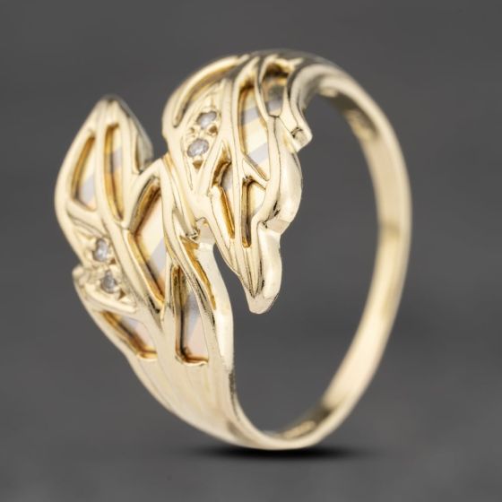 Second Hand 14ct Three Colour Gold 0.04ct Diamond Set Leaf Crossover Design Dress Ring 41482144