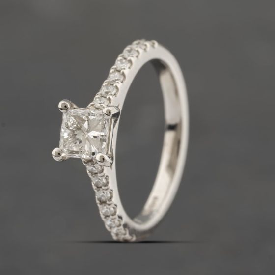 Second Hand Platinum Certificated 0.70ct Square Modified Brilliant Cut Diamond Shoulder Set Solitaire Ring 41482172