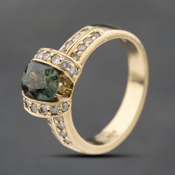 Second Hand 14ct Yellow Gold Green Sapphire & 0.45ct Diamond Dress Ring 41482287