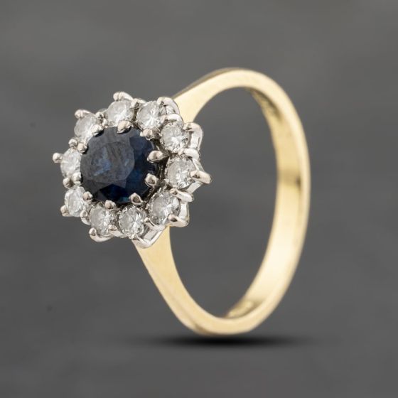 Second Hand 18ct Yellow Gold Sapphire & 0.50ct Brilliant Cut Diamond Oval Flower Cluster Ring 41482303