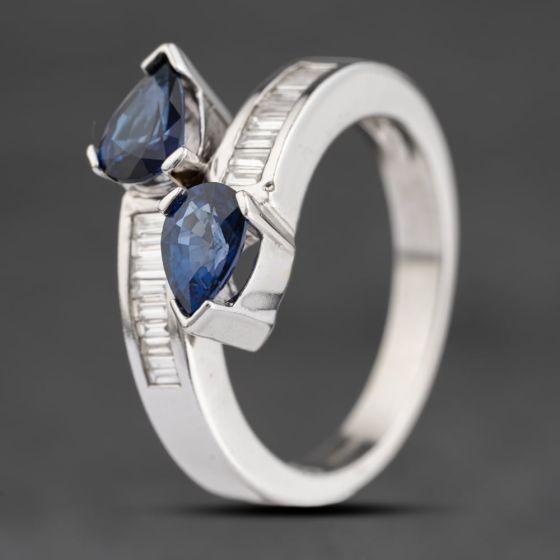 Second Hand 18ct White Gold Sapphire & 0.33ct Baguette Cut Diamond Crossover Dress Ring 41482335