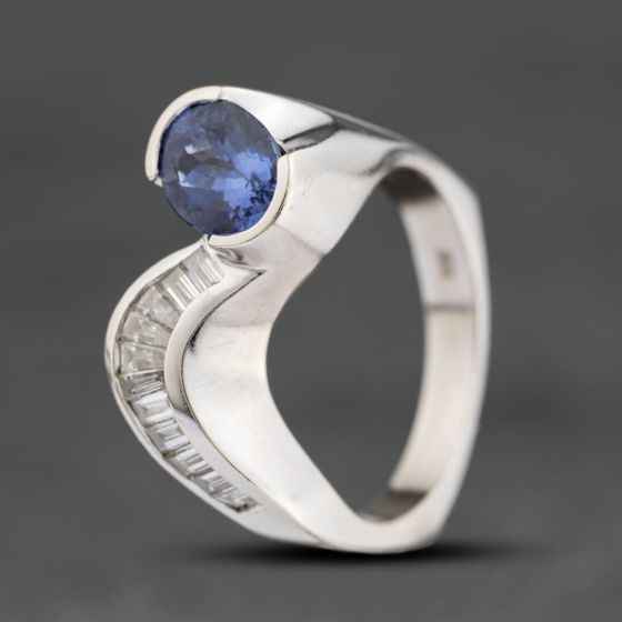 Second Hand 18ct White Gold Tanzanite & 0.40ct Baguette Cut Diamond Dress Ring 41482337