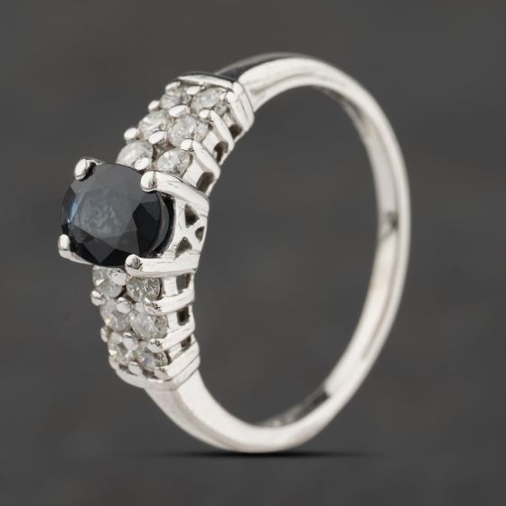 Second Hand 14ct White Gold Sapphire & 0.32ct Brilliant Cut Diamond Two Row Diamond Set Shoulders Dress Ring 41482352