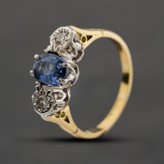 Second Hand Vintage Yellow Gold Sapphire & 0.08ct Diamond Three Stone Ring 41482539