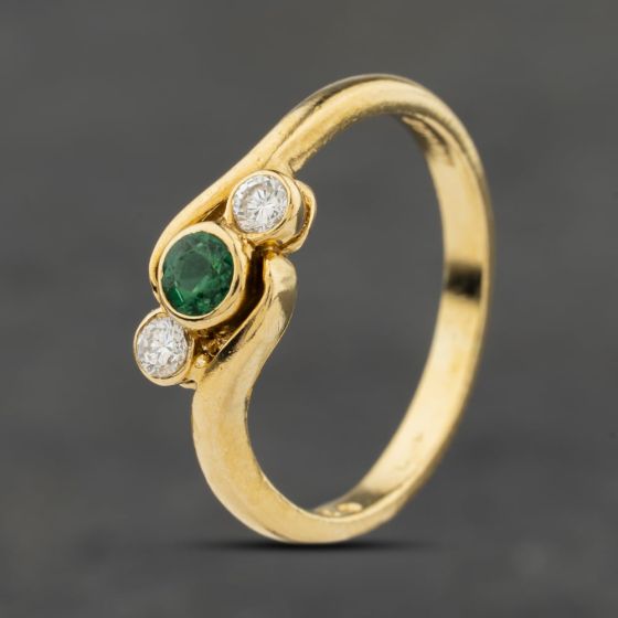 Second Hand 18ct Yellow Gold Emerald & Diamond Twist Three Stone Ring 41482543