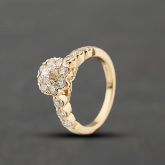 Second Hand 14ct Yellow Gold 1.66ct Diamond Flower Shoulder Set Cluster Ring 41482552