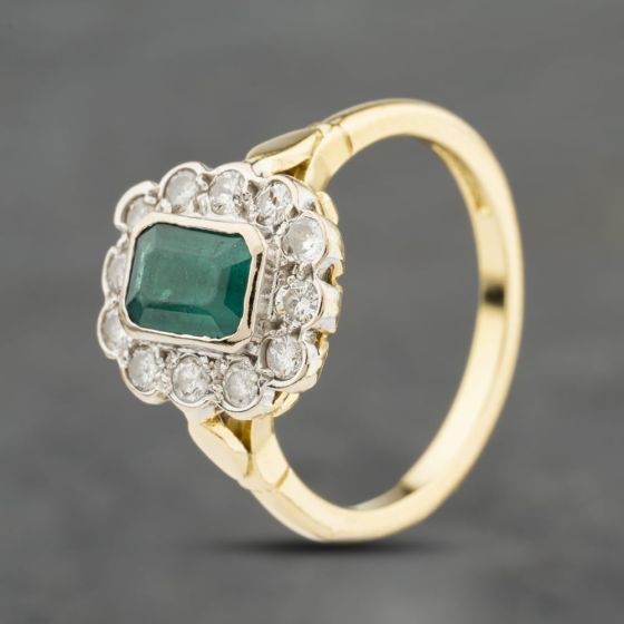 Second Hand 18ct Yellow Gold Emerald & 0.36ct Brilliant Cut Diamond Cluster Ring 41482558