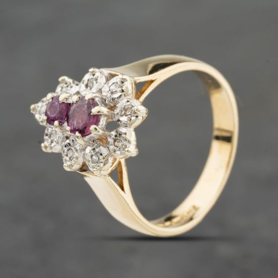 Second Hand 9ct Yellow Gold Ruby & 0.08ct Diamond Cluster Ring 41482559