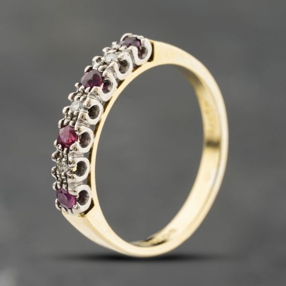 Second Hand 18ct Yellow Gold Ruby & 0.03ct Diamond Half Eternity Ring 41482633
