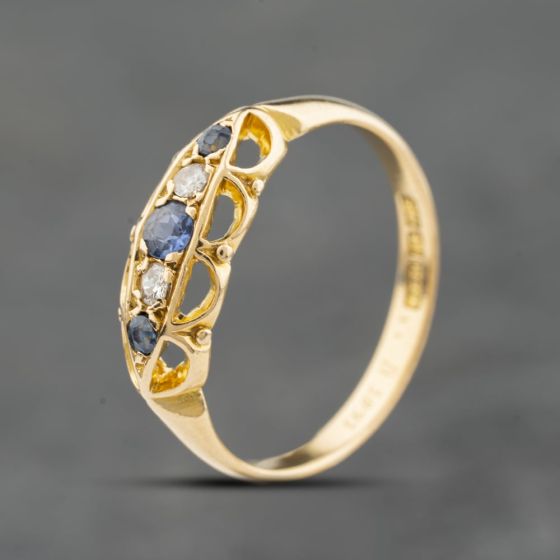 Second Hand Vintage Yellow Gold Sapphire & Diamond Boat Design Five Stone Ring 41482671