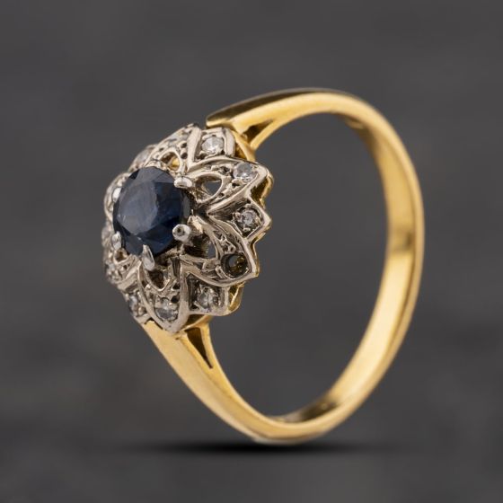 Second Hand Vintage Yellow Gold Sapphire & 0.10ct Diamond Double Flower Cluster Ring 41482716
