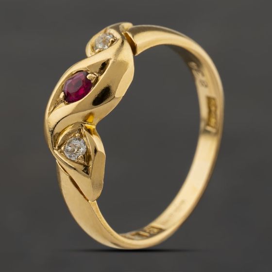 Second Hand Antique 18ct Yellow Gold Ruby & 0.08ct Diamond Swirl Dress Ring 41482748