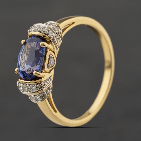 Second Hand 18ct Yellow Gold Tanzanite & 0.22ct Brilliant Cut Diamond Oval Dress Ring 41482756