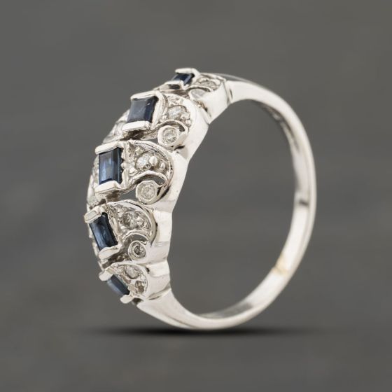 Second Hand 18ct White Gold Sapphire & 0.18ct Brilliant Cut Diamond Swirls Dress Ring 41482766